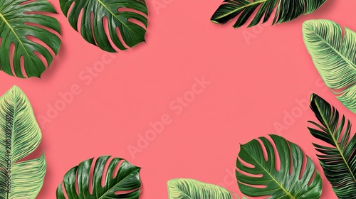 Coral pink background with tropical leaves and wide center space