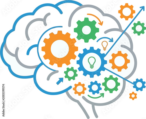 Brain with rotating colorful gears shows the dynamics of creative ideation.