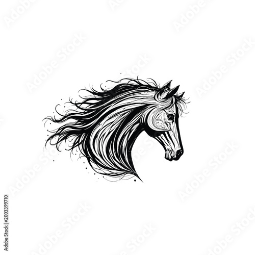Horse profile rendered in a detailed line art drawing style shows the animal looking towards the right with an elegant flowing mane, suitable for professional design projects and layouts.