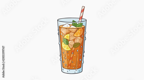 A refreshing iced tea with ice cubes and orange and lemon slices, served in a tall glass, garnished with a sprig of mint and a striped straw, evokes a sense of coolness and summery relaxation.