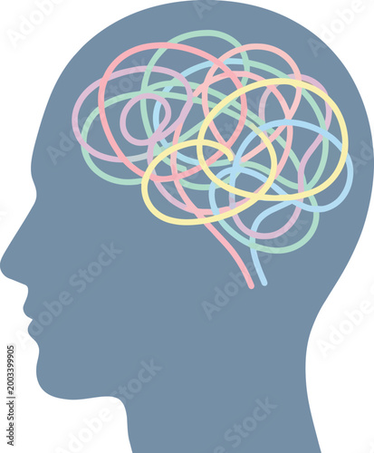 Head silhouette featuring tangled lines illustrates a state of confusion.