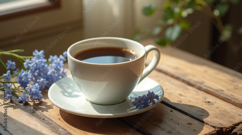 Fototapeta premium Cozy Coffee Cup with Blue Flowers on Wooden Table for Mother’s Day