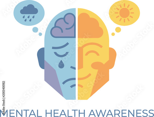 Head split into two contrasting moods depicts the duality of human.