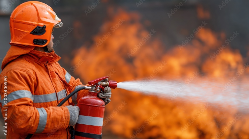 Obraz premium Firefighter in protective gear sprays water from an extinguisher onto a large fire