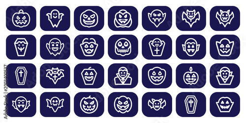 Halloween set with white silhouettes on dark blue background
