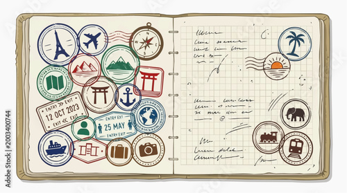 A traveler's open journal is filled with passport stamps, capturing moments from around the world. Featuring iconic travel symbols with handwritten notes.
