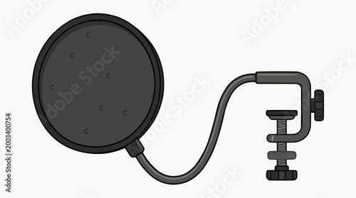 Close-up of a studio microphone pop filter with clamp, designed to reduce plosives and sibilance for clear audio recording.