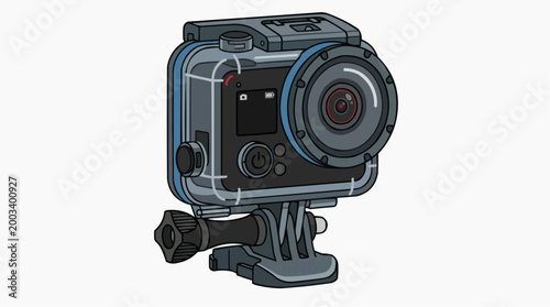 A detailed illustration of a compact action camera, capturing a clear design with waterproof casing and various technical features, ready for adventure and recording.