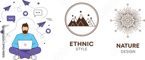 Bearded Man Using Laptop with Social Media Icons Ethnic Style Mountain Logo and Nature Design Badge Vector Illustration