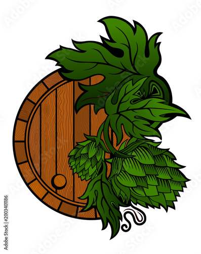 Wooden beer barrel with green hop hanging over it. Color vector illustration isolated on white. Perfect for brewery, labels, packaging, pub menus, bar posters and craft beer marketing and branding