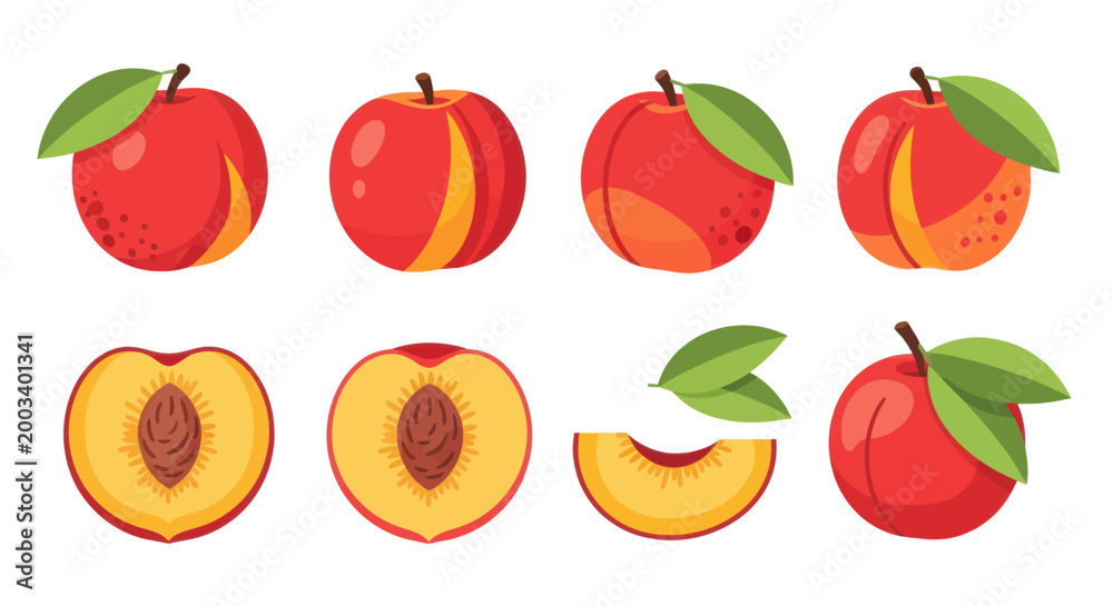 Naklejka premium Fresh peaches with green leaves illustration