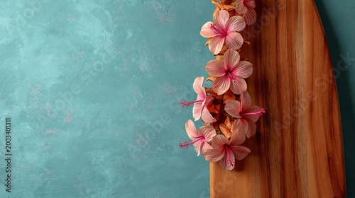 Summer surf scene with garland and empty space for promo text