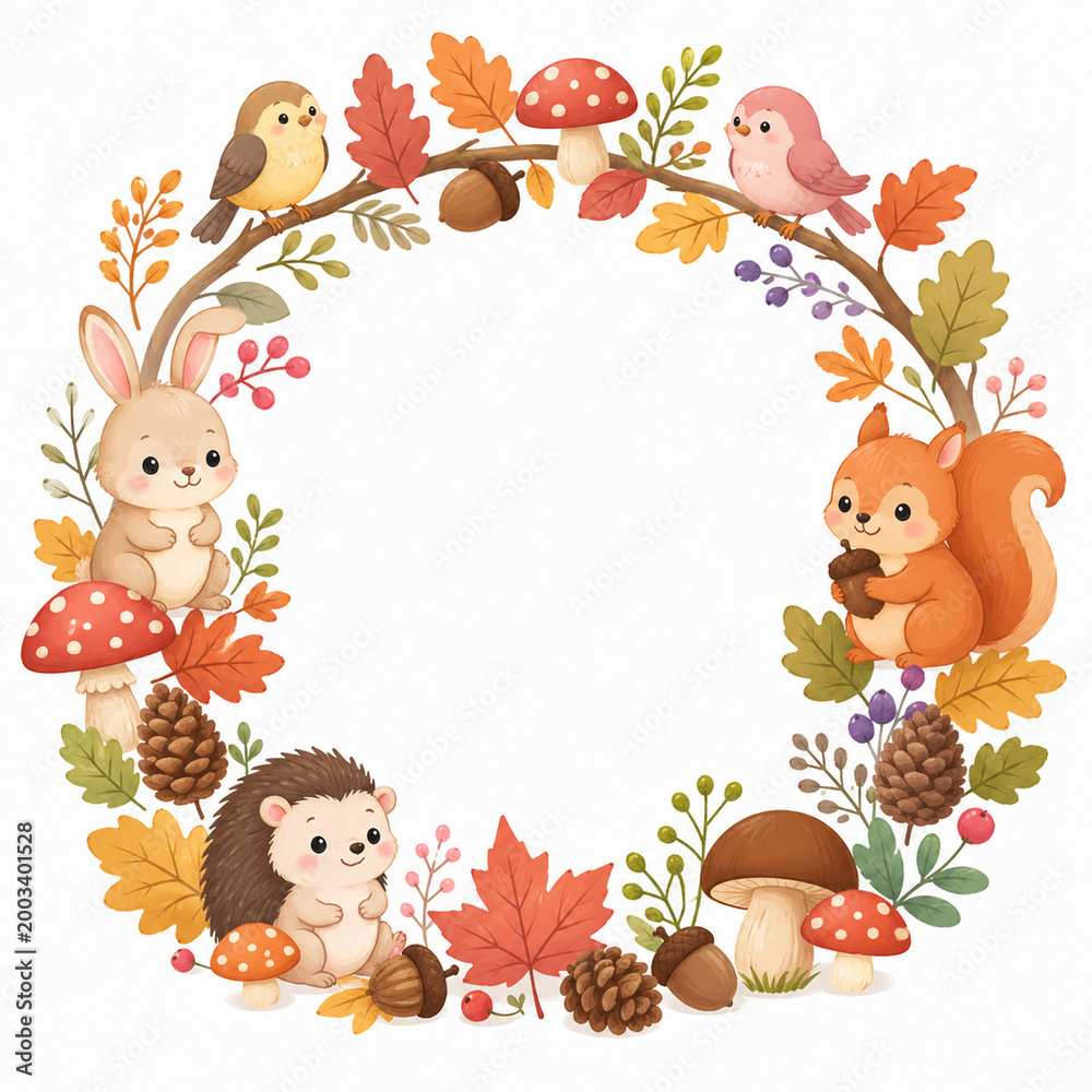 Obraz premium Whimsical Autumn Wreath: A captivating illustration showcases a delightful autumn wreath, with adorable woodland creatures and colorful foliage in a whimsical, inviting style.