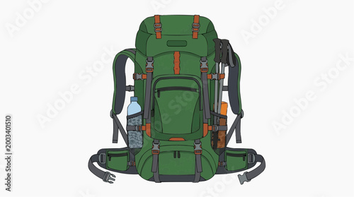 An illustration of a large green backpack, filled with gear and ready for adventure. Perfectly representing the essentials of exploration and travel.