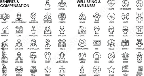 Benefits Compensation and Well-Being Wellness Outline Icon Set with Human Resources Business Symbols Vector Illustration