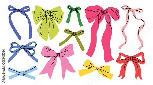 Femininity colorful vector set of cartoon ribbons, bows and accessories in different size and shapes. Vintage girly elements for hair decoration. Hand draw coquette stickers for holidays and feasts.
