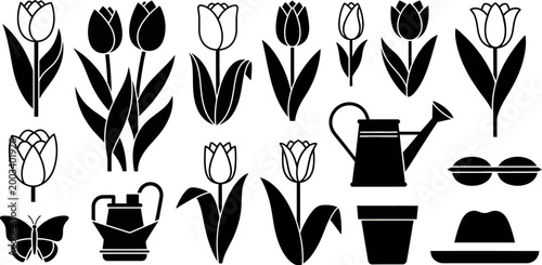 Black and white tulip garden silhouette collection with gardening tools and pots