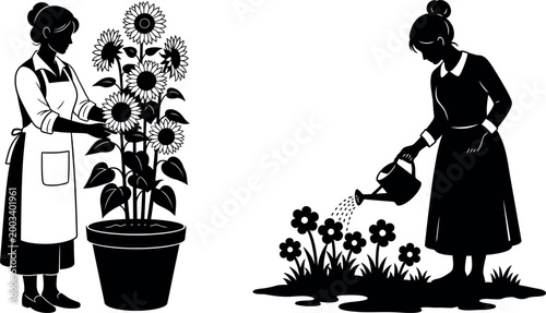 Gardening silhouette women tending to plants in a vintage black and white illustration