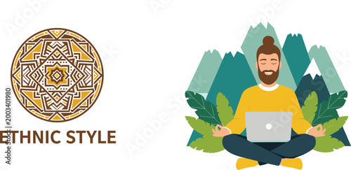 Ethnic Style Mandala Logo with Bearded Man Meditating Using Laptop in Nature Mountain Flat Vector Illustration