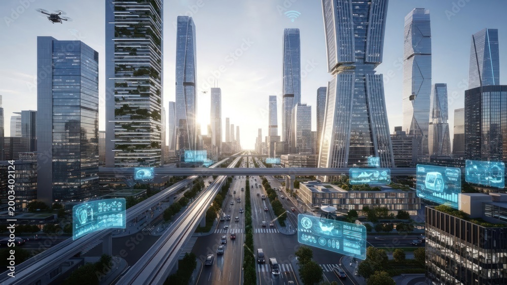 Obraz premium Modern cityscape with futuristic elements and technological displays