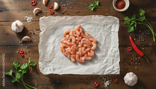 Fresh raw shrimp with herbs on rustic wood