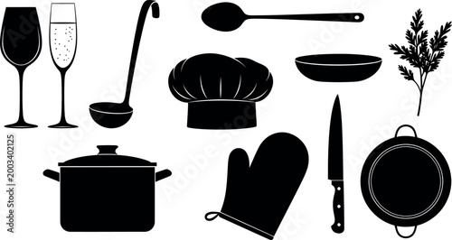Culinary silhouette collection kitchen utensils and chef's hat in black and white