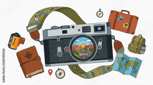 A meticulously illustrated composition featuring an array of travel essentials, centered around a vintage camera lens, all ready to capture the beauty of exploration and adventure.