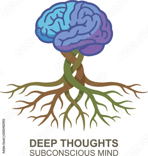 Brain with tangled tree roots represents deep thoughts and subconscious mind.