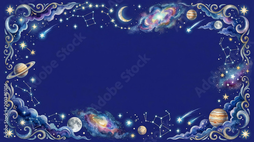 Magical Space Frame Border With Planets Stars And Clouds On Blue Background