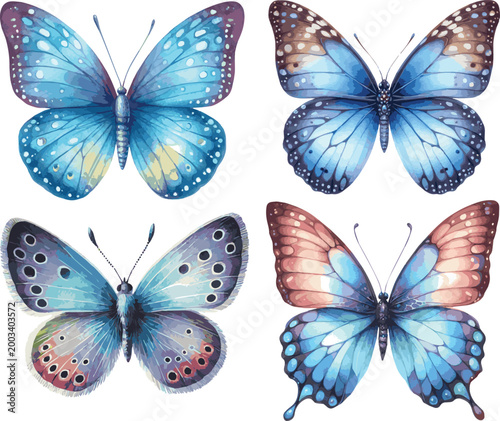 Collection of Vector watercollor painted illustrations of a blue butterflies
