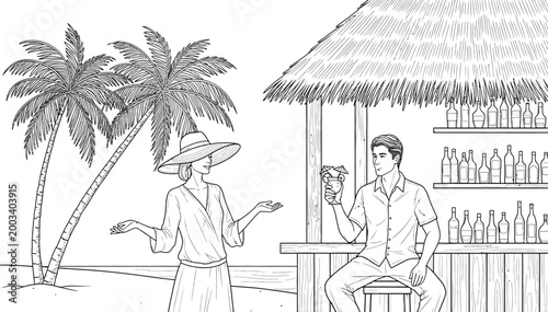 Beach bar scene with bartender and customer line drawing illustration