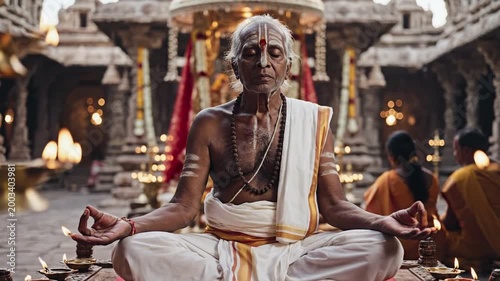 Elderly man in traditional Indian attire meditating with eyes closed in a sacred temple courtyard, surrounded by lit oil lamps and ornate architecture, conveying peace and spirituality