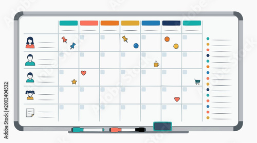 A detailed calendar whiteboard offers a structured organization system, highlighted with various icons and pins to denote plans and events.