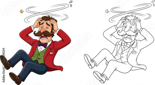 distressed man with mustache cartoon illustration with outline version