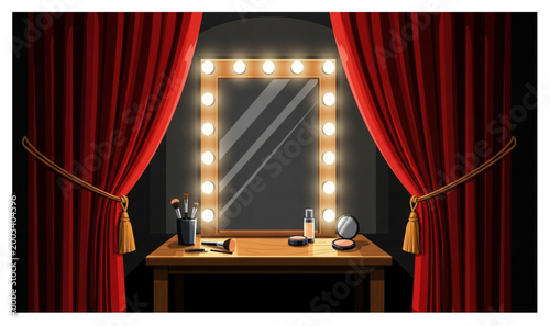 Backstage Theater Vanity Mirror with Red Curtains Vector Scene