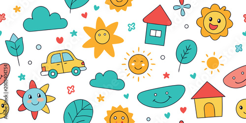 Children s illustration pattern with suns clouds houses cars and leaves on white background