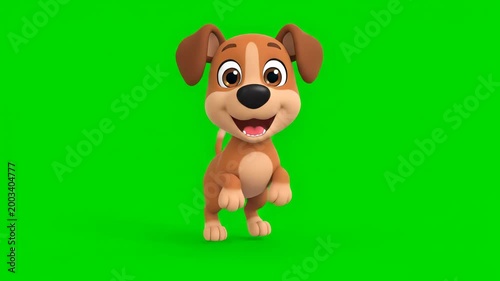 Joyful Pup in Motion: A cheerful animated puppy with a bright smile dances playfully, set against a vibrant green backdrop, exuding energy and delight.