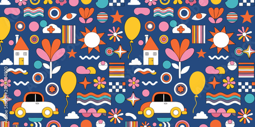 Retro patterned background with houses cars flowers and suns in a playful style