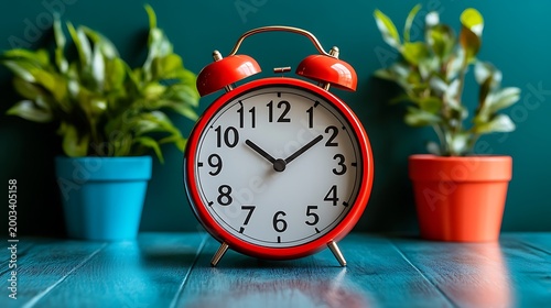 Red Alarm Clock with Plants Wake Up Time with Deadline, and Time Management Concept.