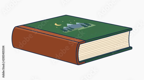 A hardcover book with a green cover and a brown spine. A book with an image of mountain and moon scene.