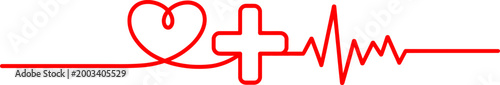 Continuous line drawing Red heart shape with medical cross and heartbeat pulse line