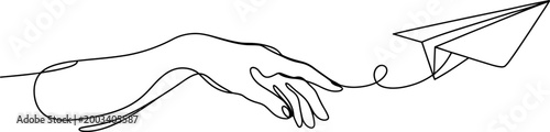 Continuous line drawing of a human hand throwing a paper airplane