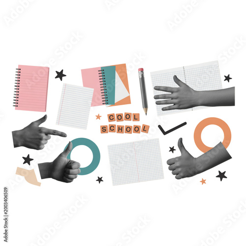 Back to school collage vector, student hands with notebook and pencil in paper cutout style