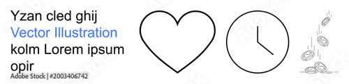 Love, time management, finance, savings, priorities, conceptual s. Features a heart, clock and falling coins. Love and time management connected with financial savings concept