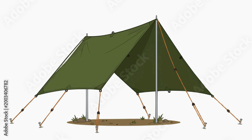 A durable outdoor shelter erected in a natural setting. The vibrant green and intricate construction, evoking the spirit of exploration and adventure, against a clean background.