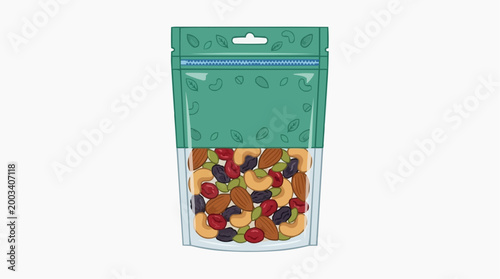 A visually appealing bag filled with a delightful mix of nutritious nuts and fruits, presented in a clean and fresh style.