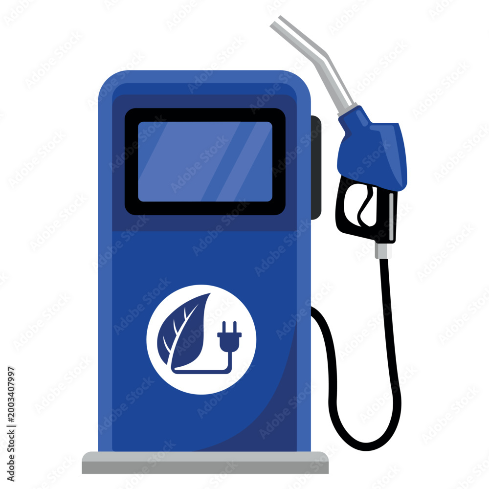 Fototapeta premium 4000Blue electric vehicle charging station with green energy leaf icon and fuel nozzle concept for sustainable transportation and eco friendly infrastructure
