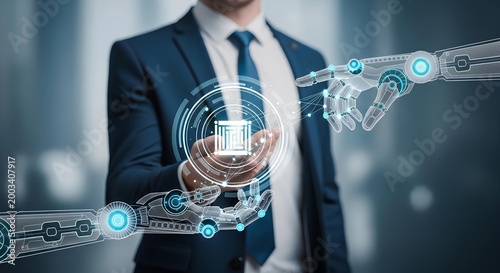 Businessman shaking hands with robotic arm representing AI partnership