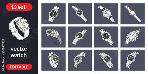 Thirteen of analog wristwatches in blue and white analog watch