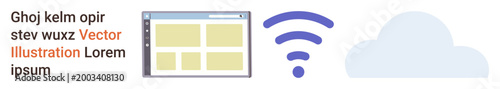 Cloud storage, internet technology, digital connectivity, web browsing, networking, sharing data. ion of browser window, wireless icon and cloud graphic. Cloud storage and internet technology theme